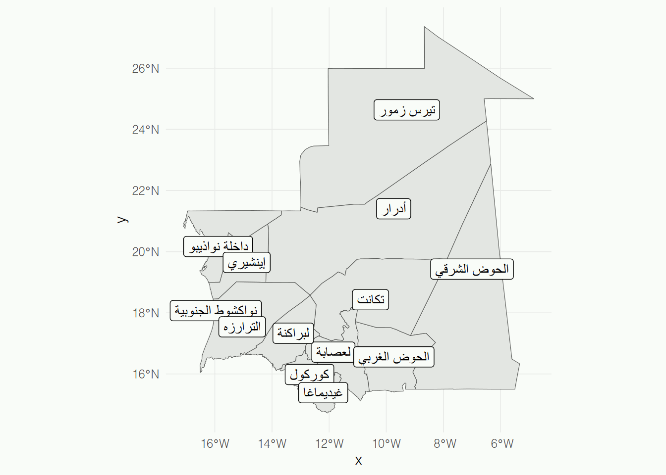 A map au Mauritania with the name of wilayas in Arabic.